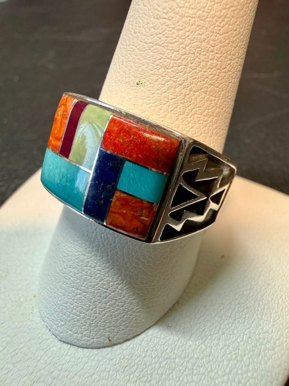 Colorblock Inlay Sterling Silver Statement Ring - Turquoise & Coral - Picture 6 of 10
